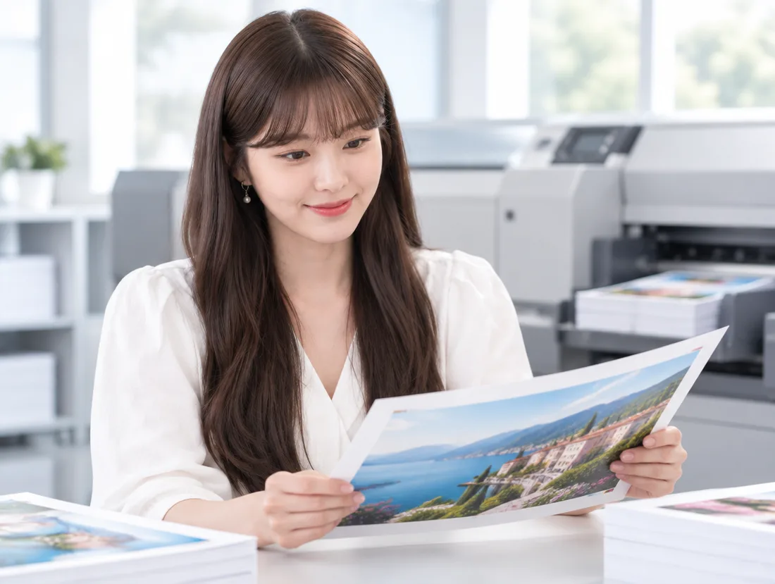 출력된 인쇄물을 확인하는 모습